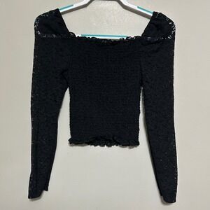 Orange Kiss Women's Blouse M Black Lace Smocked Square Neck Long Sleeve Crop Top